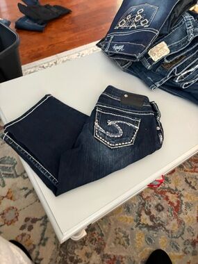 Silver Jeans Dark Blue Bootcut Jeans with Embroidered Back Pocket ultra low
